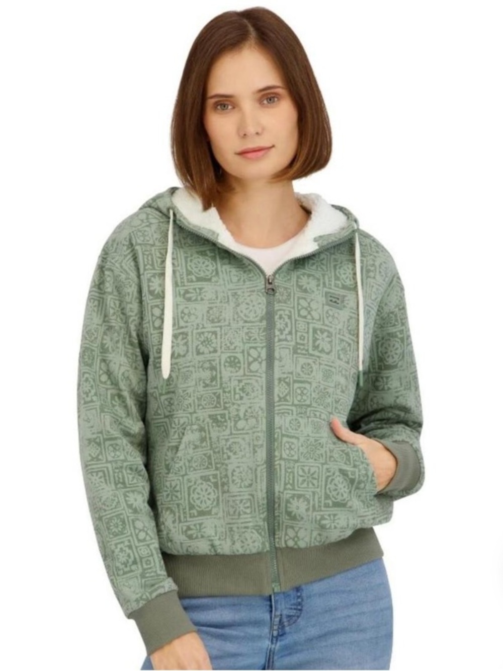 NWT Billabong Women's Green and White Hoodie Jacket SZ XL Floral Print